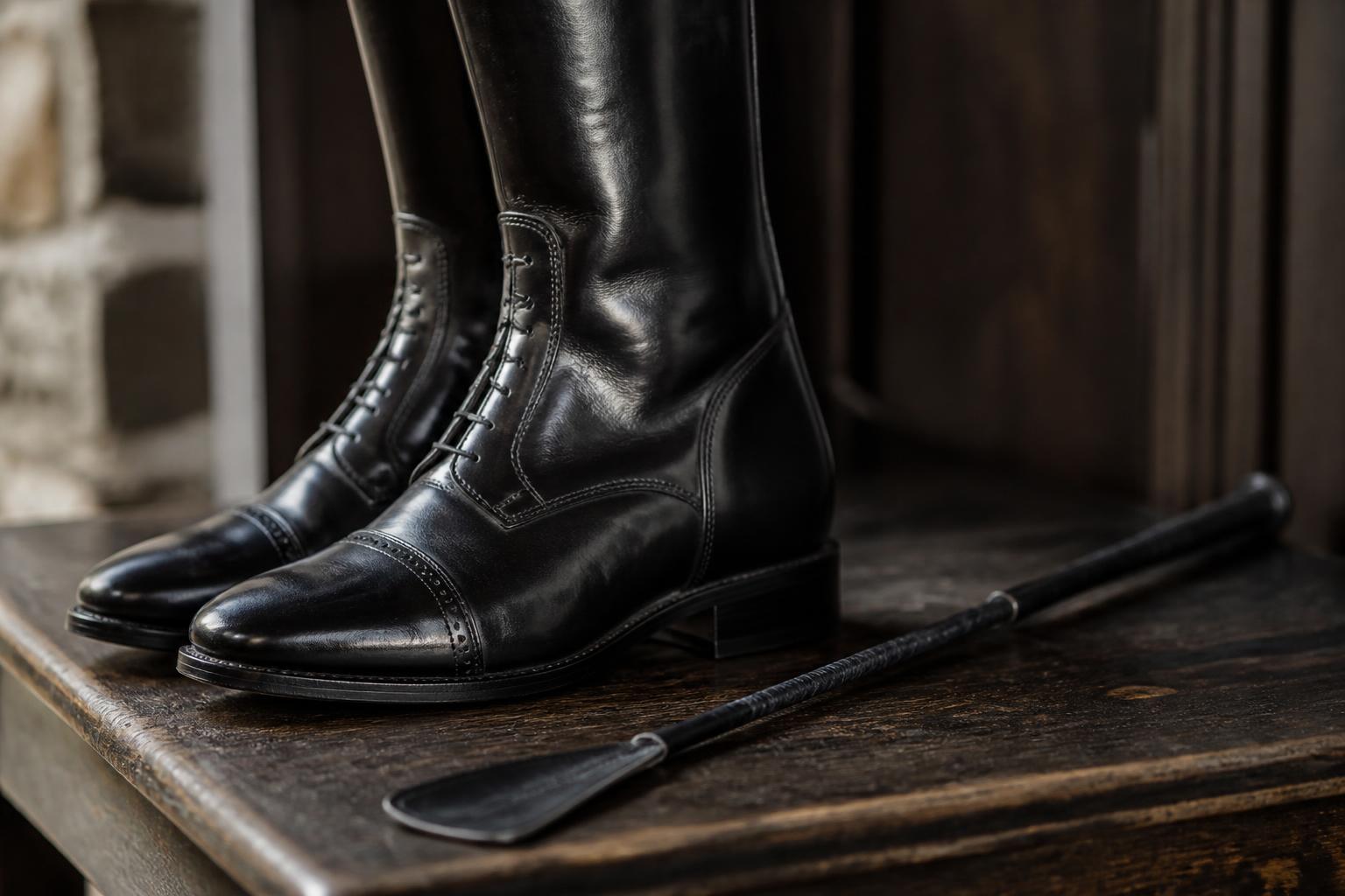 Polished black leather equestrian riding boots and a riding crop